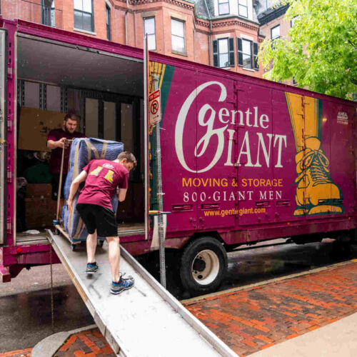 Two movers pushing a large piece of furniture down the ramp at the side of a purple moving truck.